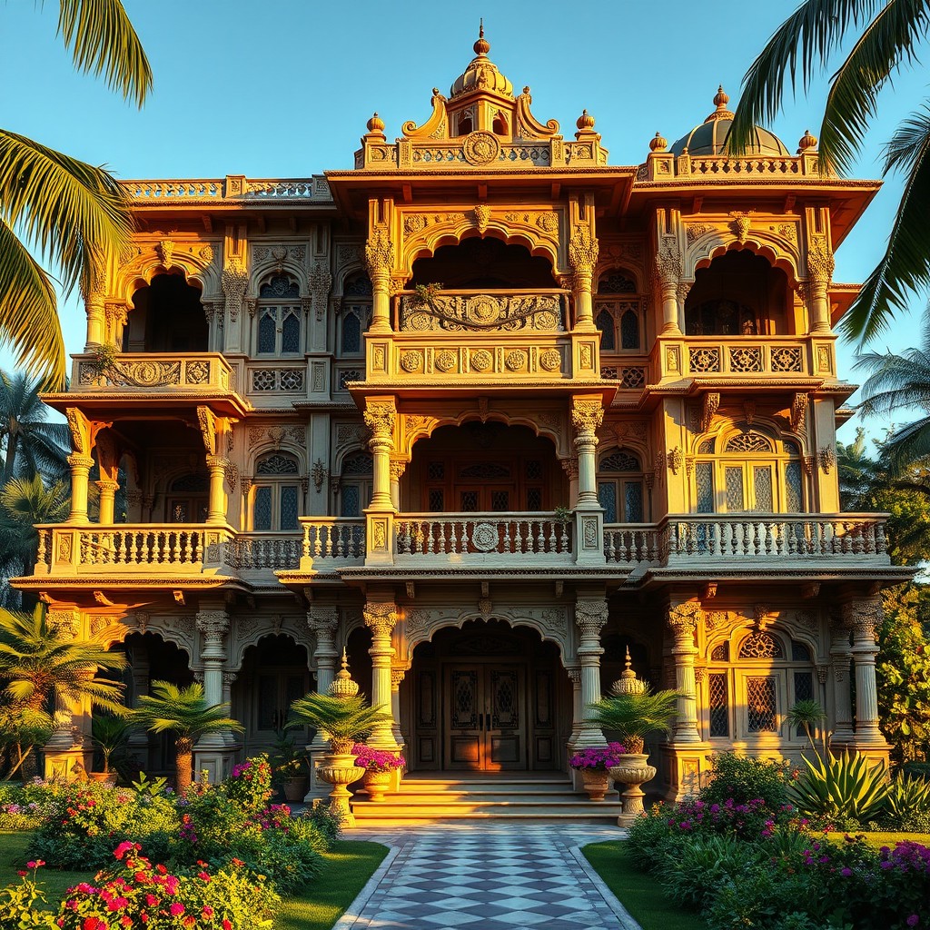 A luxurious ancient Indian house depicted from an outside perspective, showcasing its majestic architecture and intricate detailing