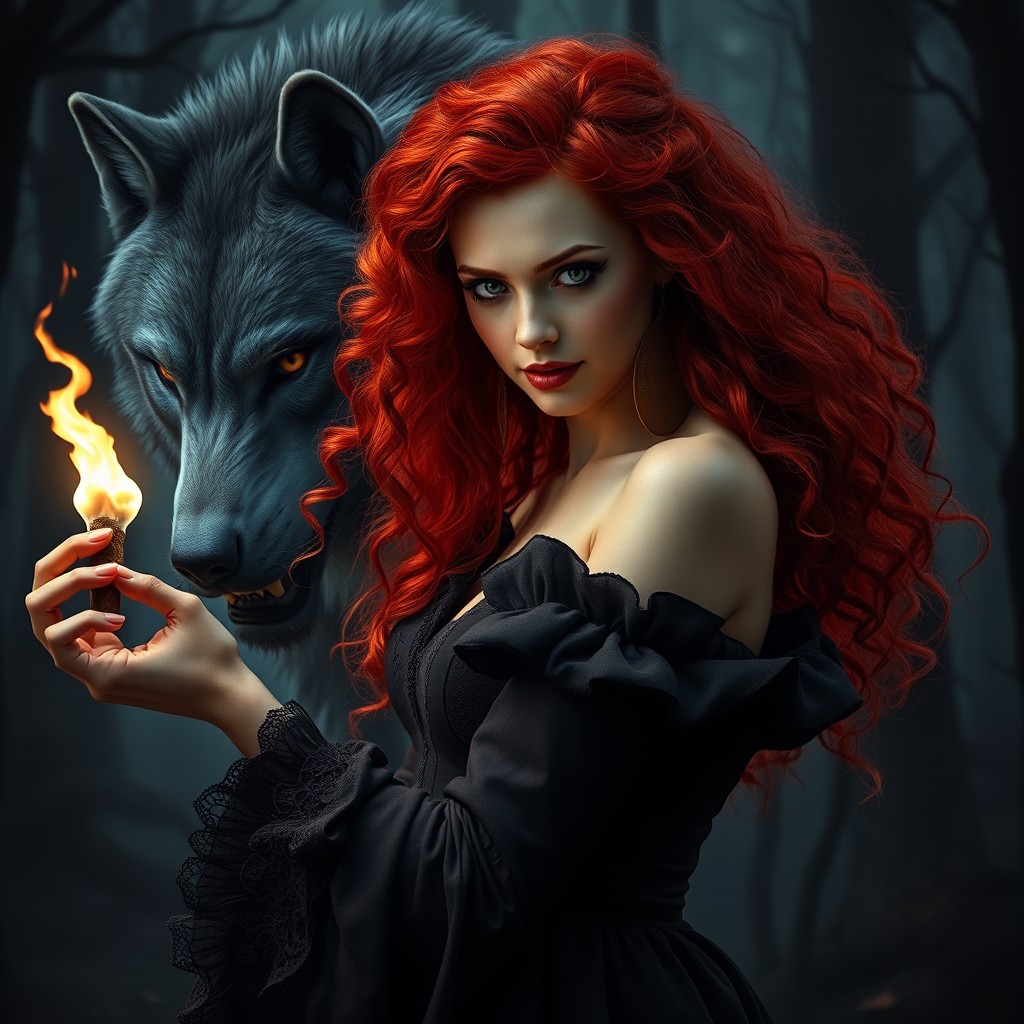 A stunning witch with vibrant red curly hair and captivating gray eyes, gracefully holding a flickering flame in her hand