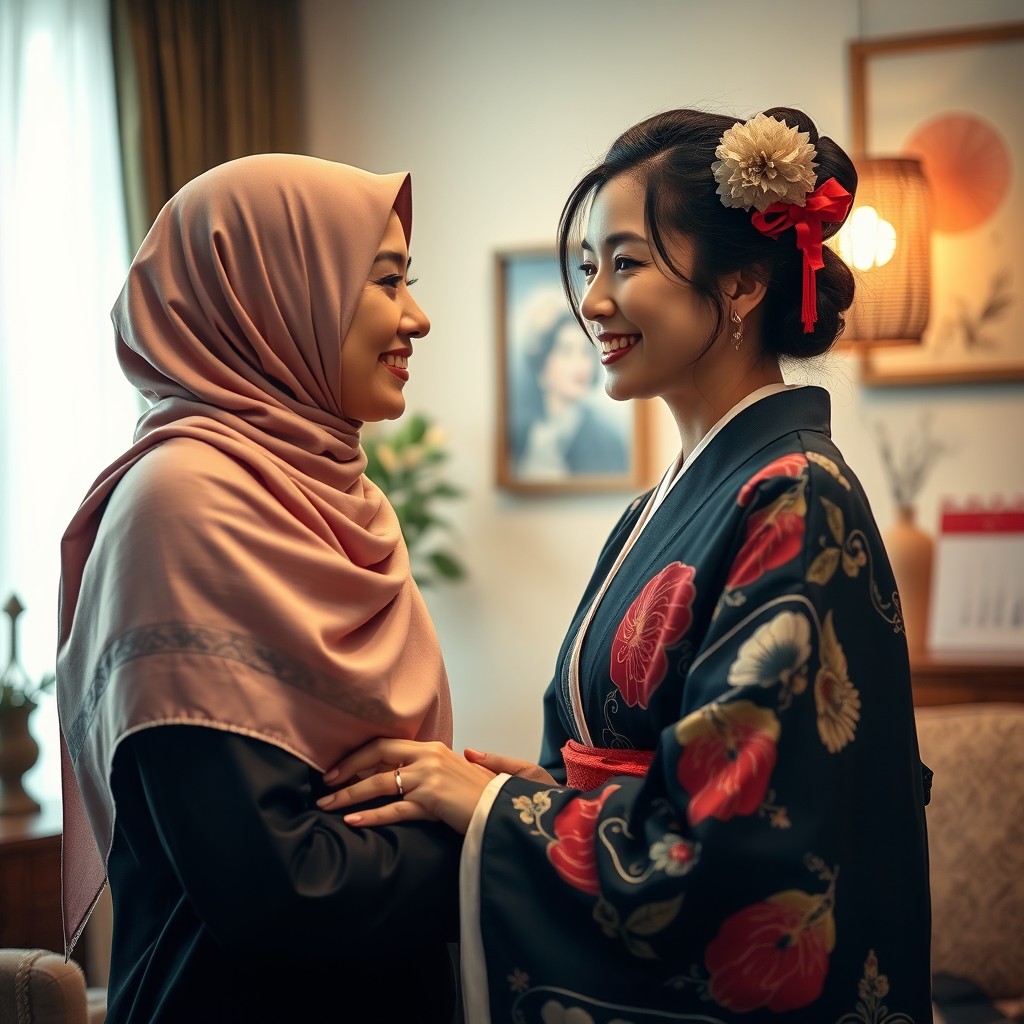 A visually striking and artistic representation of two women: one wearing a stylish hijab, representing Arab culture, and the other embodying Japanese beauty with traditional attire