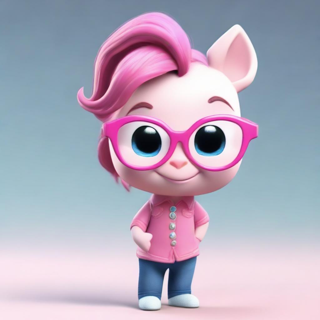 A little creature with oversized head and pink skin, sporting glasses, a funny pony tail, and a beaming smile. She wears a pink blouse and jeans, epitomizing cuteness.