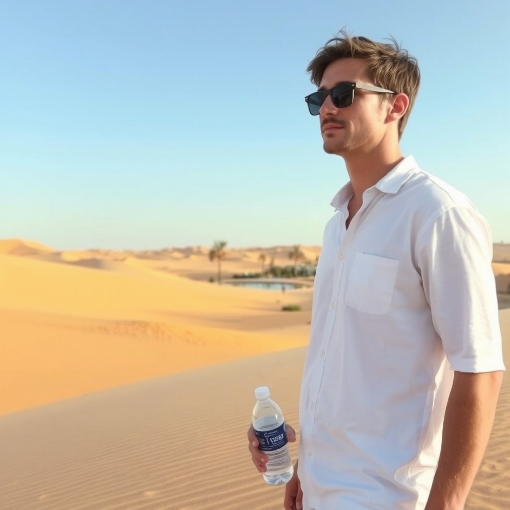 A regular city dweller in a desert setting, wearing light, breathable clothing suitable for hot weather, surrounded by sandy dunes and a clear blue sky