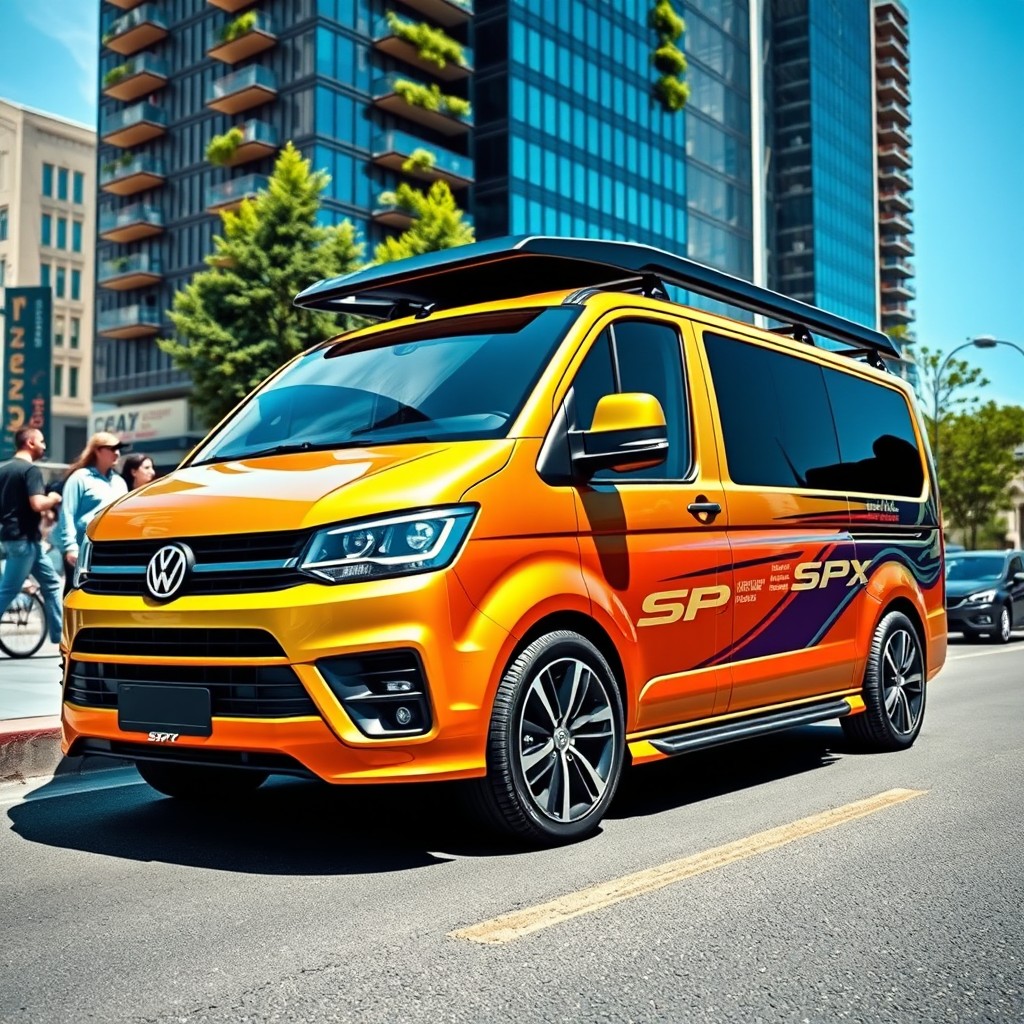 A sleek and modern SPX van, showcasing its aerodynamic design and vibrant paint job