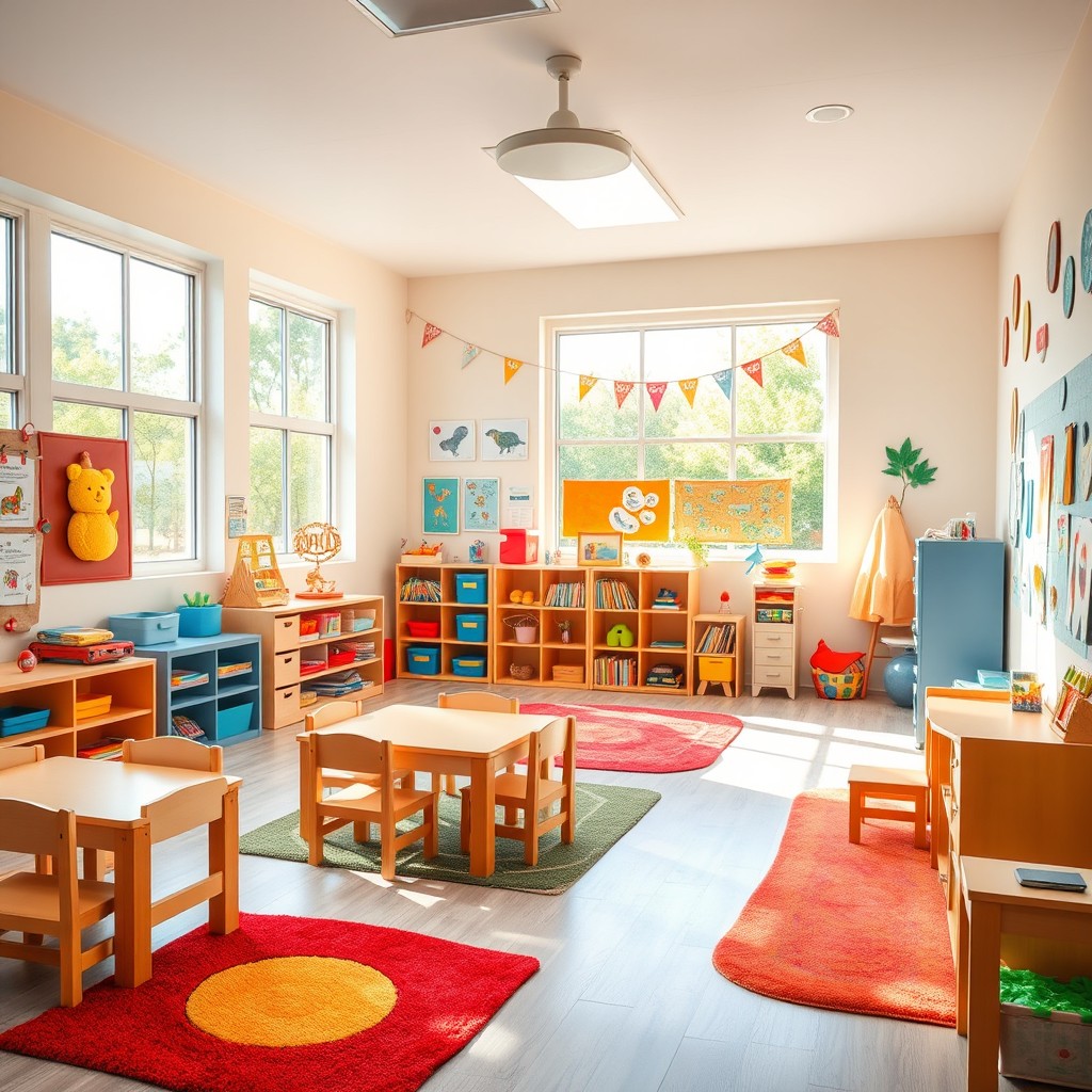 A bright and colorful preschool classroom, featuring small wooden furniture, a cozy reading area with soft rugs, and lots of natural light streaming in
