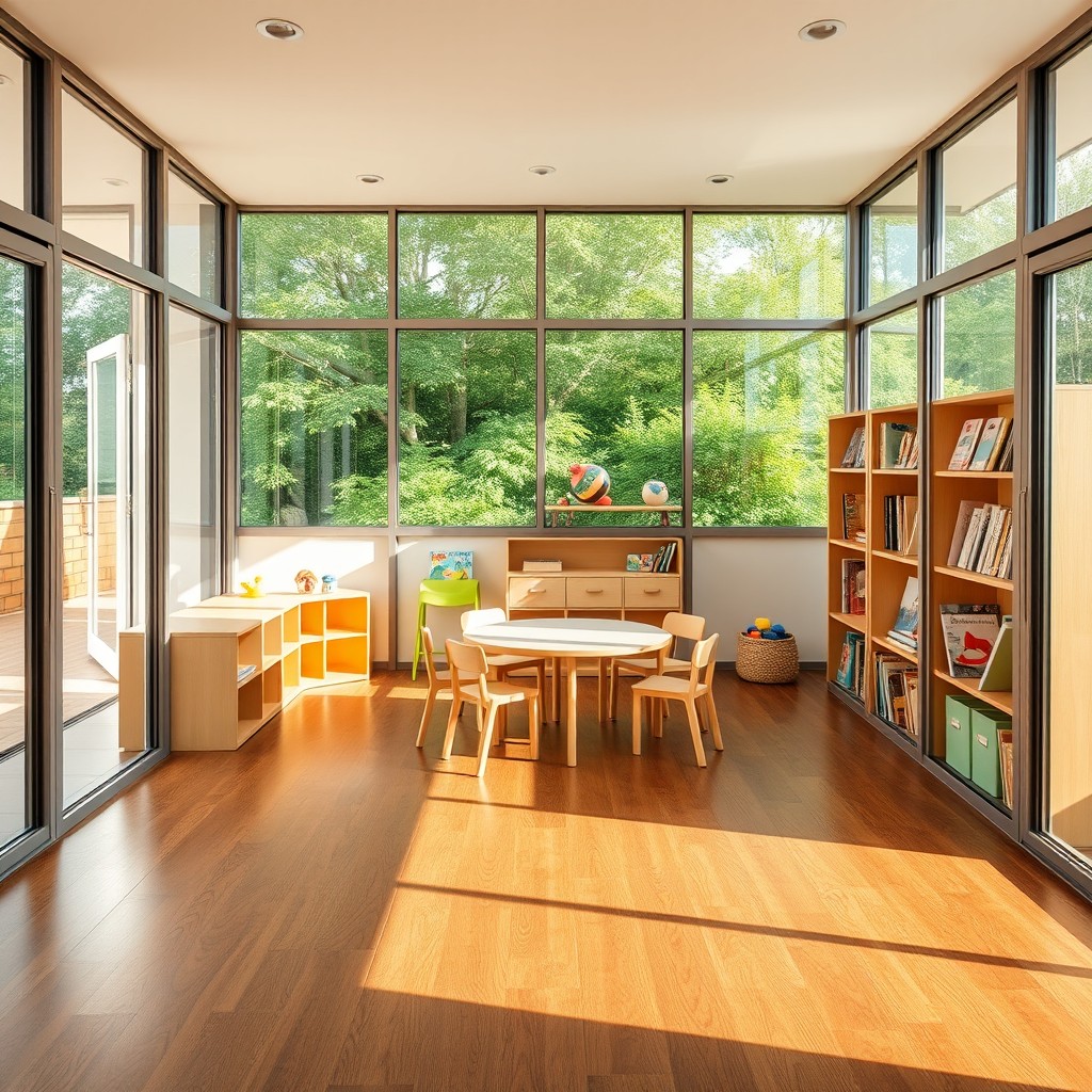 A cheerful preschool room measuring 6x7 meters, with all walls made of glass, providing an open and airy atmosphere