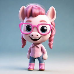 A little creature with oversized head and pink skin, sporting glasses, a funny pony tail, and a beaming smile. She wears a pink blouse and jeans, epitomizing cuteness.