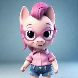 A little creature with oversized head and pink skin, sporting glasses, a funny pony tail, and a beaming smile. She wears a pink blouse and jeans, epitomizing cuteness.