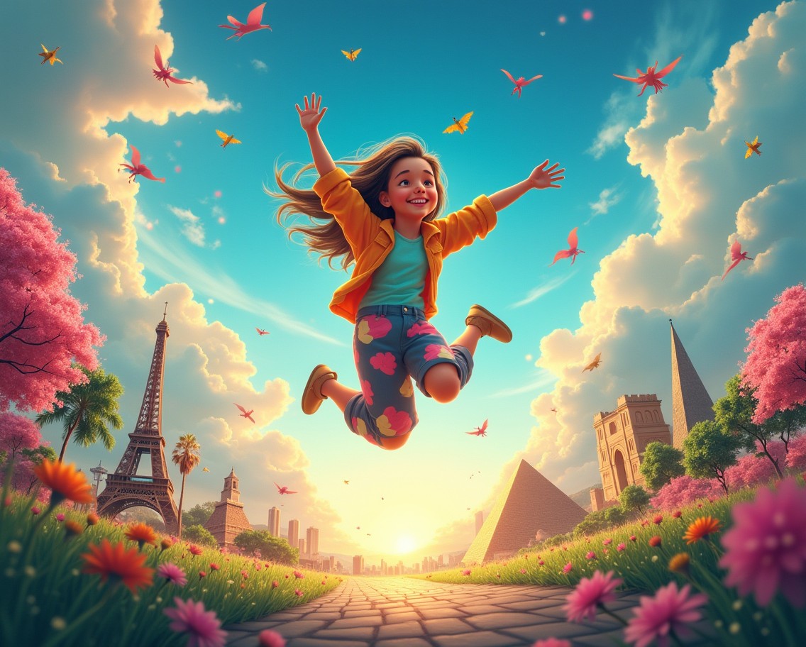 An artistic representation of a whimsical journey around the world, showcasing vibrant landscapes and famous landmarks like the Eiffel Tower, Great Wall of China, and the pyramids of Egypt