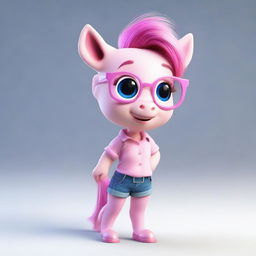 A little creature with oversized head and pink skin, sporting glasses, a funny pony tail, and a beaming smile. She wears a pink blouse and jeans, epitomizing cuteness.