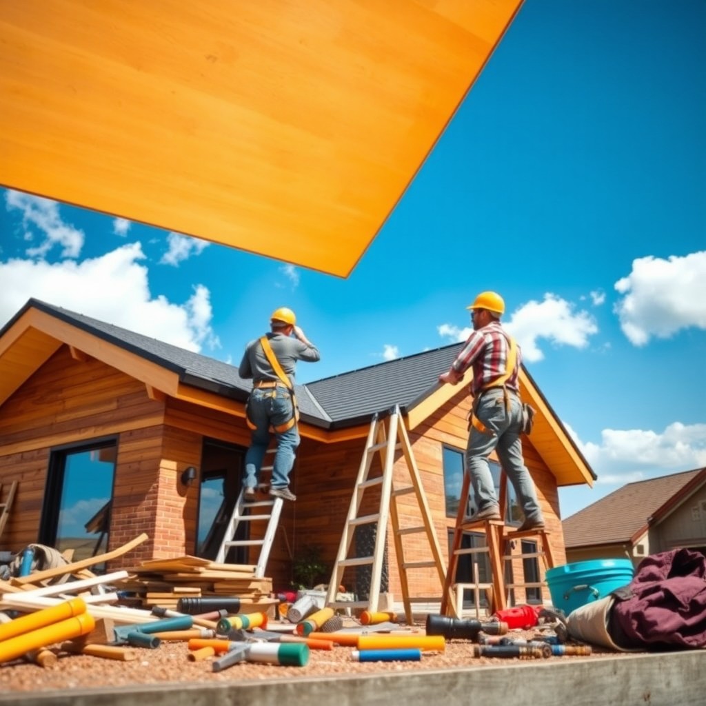A detailed construction scene of a modern house being roofed, showcasing skilled workers installing roof shingles