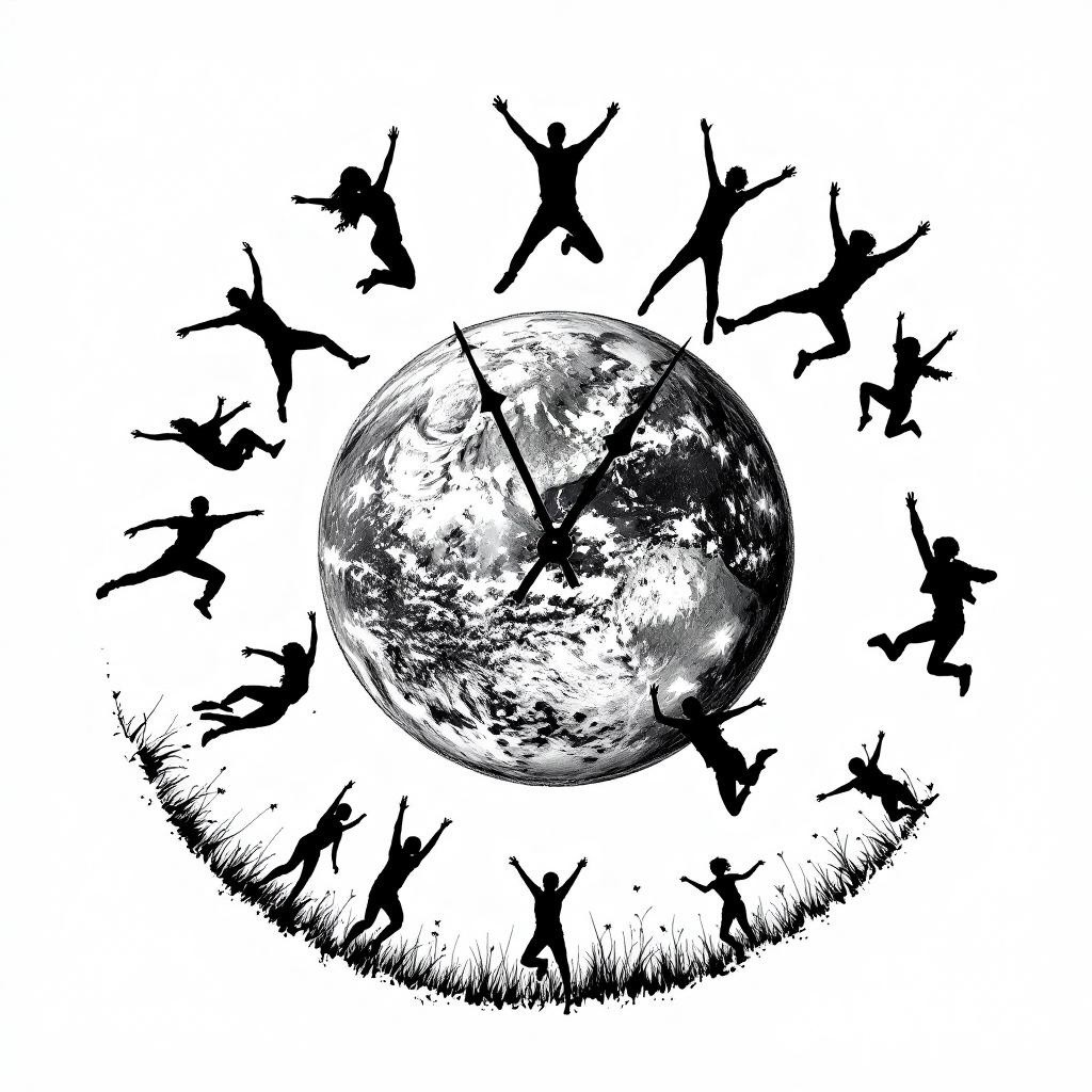 A symbolic image featuring silhouettes of various figures energetically jumping around a central, beautifully detailed representation of Earth