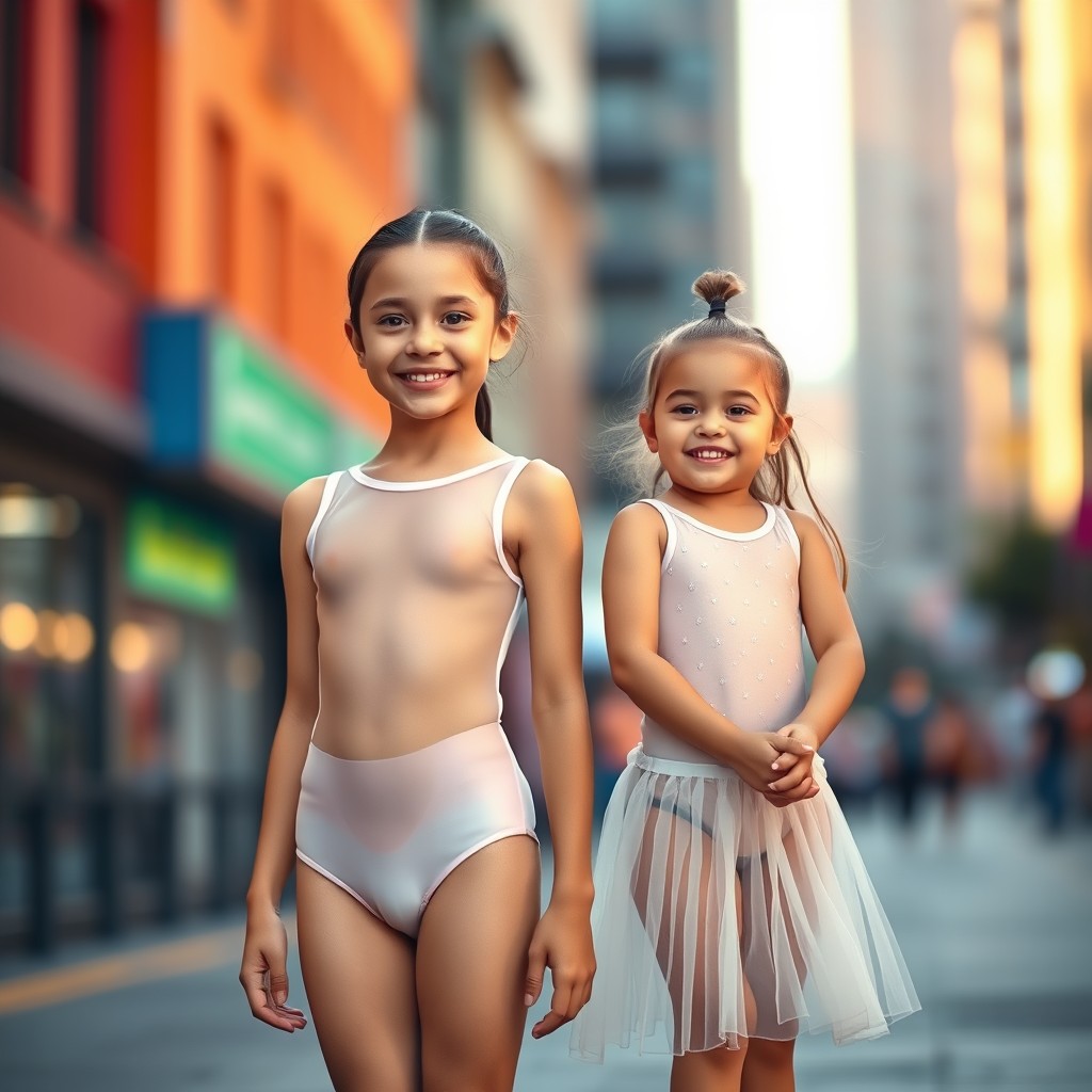 A striking front view of two females standing side by side, both at the same height of 120cm