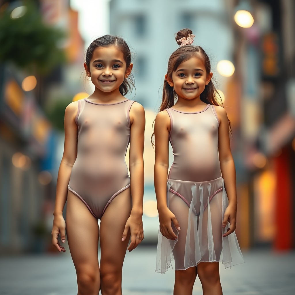 A captivating front view of two females standing side by side, both at an exact height of 120cm