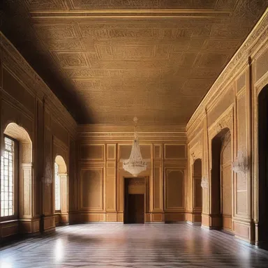 The ballroom of the palace was adorned with intricate filigree patterns on the walls and ceilings, exuding an aura of opulence.