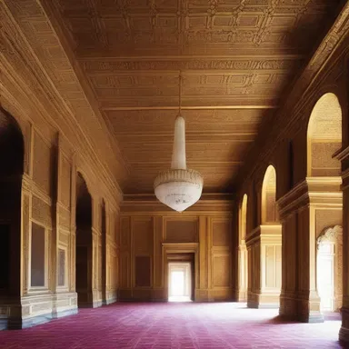 The ballroom of the palace was adorned with intricate filigree patterns on the walls and ceilings, exuding an aura of opulence.