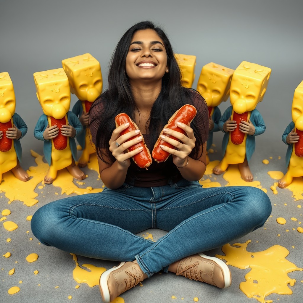 A beautiful Pakistani young woman, around 18 years old, sitting criss-cross on the ground, smiling blissfully with her eyes closed