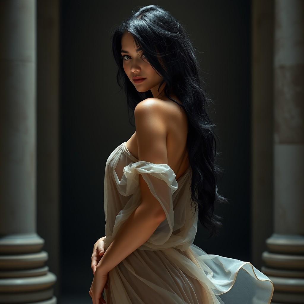 A captivating full-size image of a tall female character inspired by Helen of Troy, featuring striking black hair cascading elegantly down her back