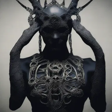The artist filigreed a hauntingly beautiful demonic figure, creating an eerie and macabre piece of jewelry.