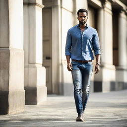 A man walking towards the camera, full-frontal view with confident stride and engaging presence.