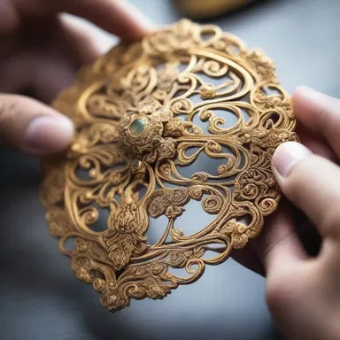 The talented artisan spent hours meticulously filigreeing a stunning gold brooch, showcasing their skill and attention to detail.