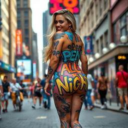 In a lively urban environment, a gorgeous curvy woman with thick shapely legs and a tight butt strides confidently down a bustling city street, her body decorated with bold multi-colored body paint resembling striking street graffiti
