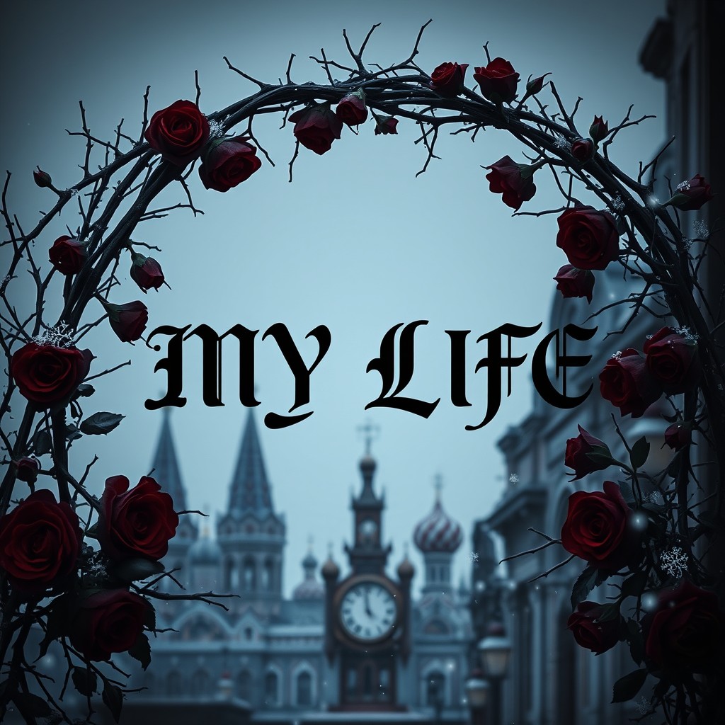 A gothic cinematographic scene featuring a dark and moody atmosphere with a color palette of black, purple, and burgundy
