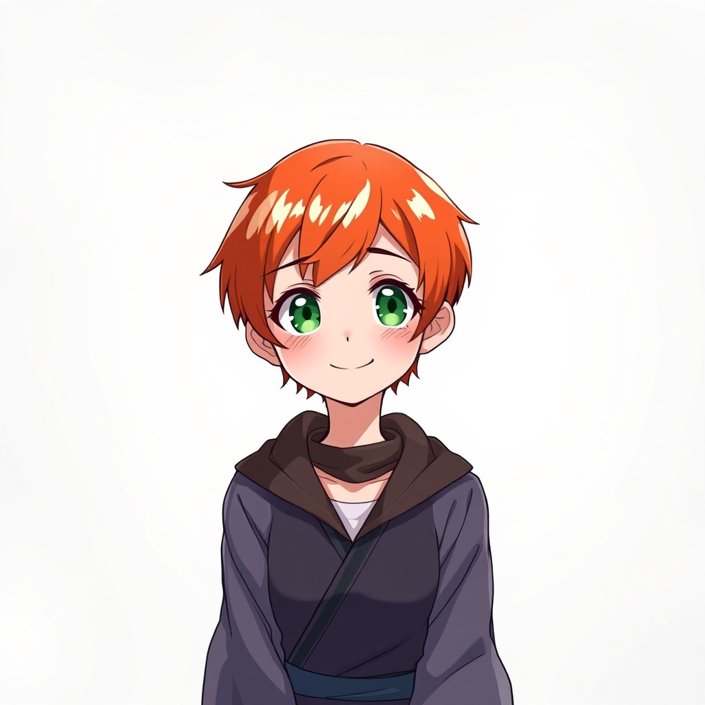 A young girl with bright orange red hair cut into a tight pixie style and bright green eyes
