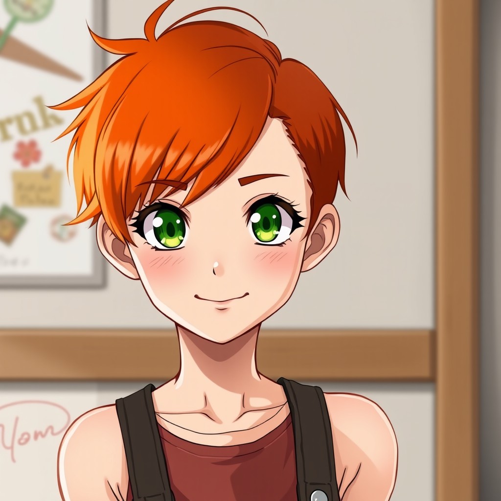 A young girl with bright orange red hair cut into a tight pixie style and bright green eyes