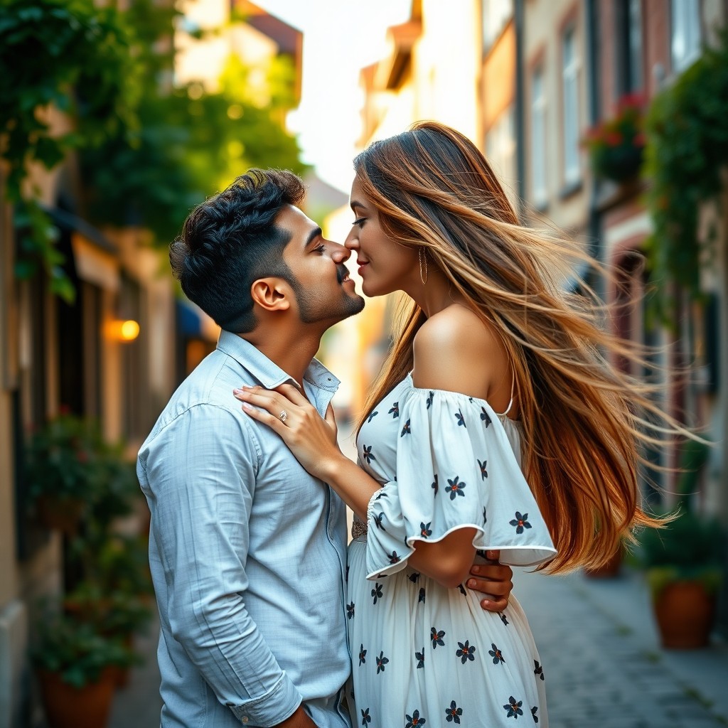 An intimate and romantic scene of an Indian boy and a German lady sharing a tender kiss
