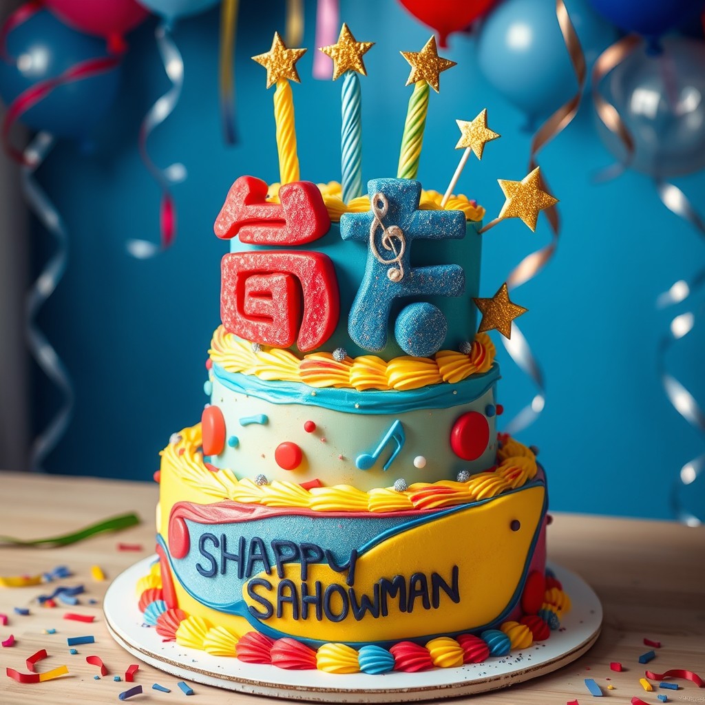 A birthday cake designed with vertical letters spelling 'ШОУМЕН' in a colorful, playful style