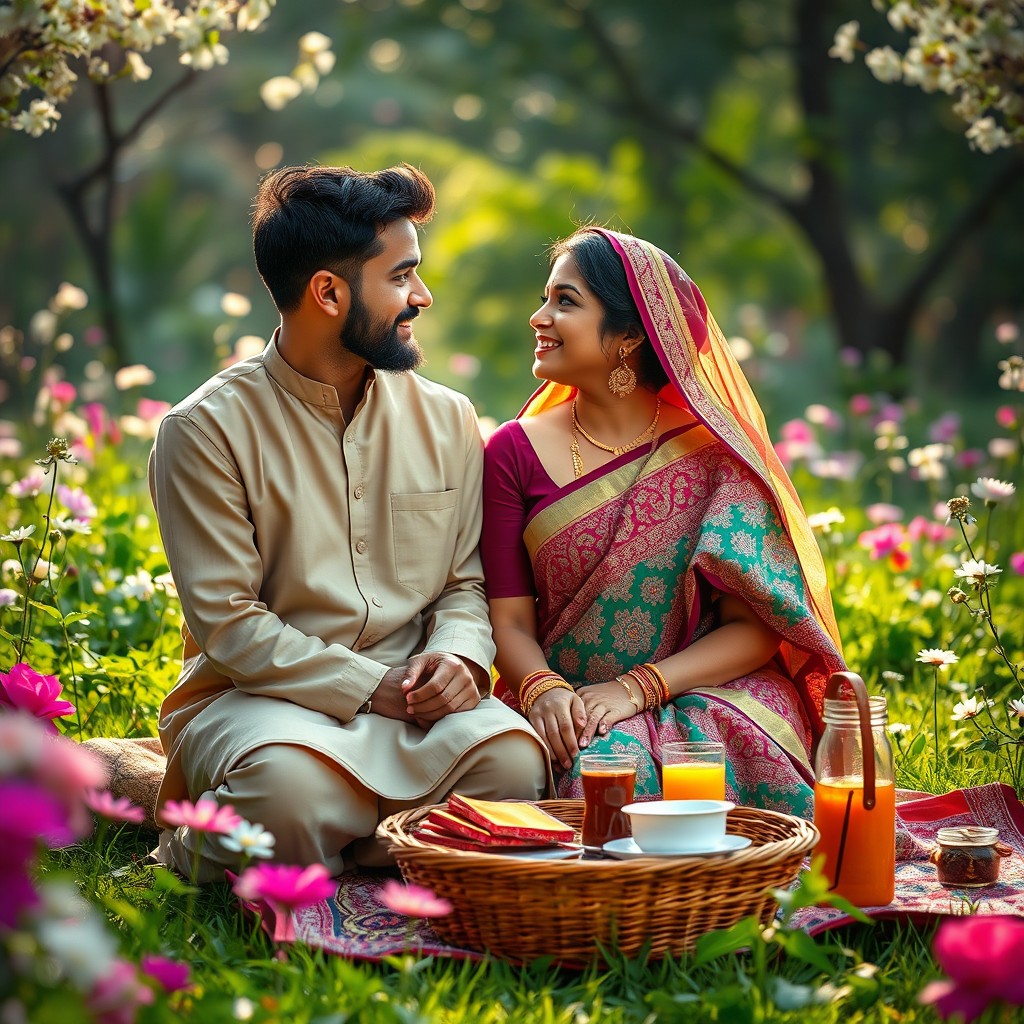 A romantic scene depicting a Muslim man and his Hindu wife in a serene and beautiful setting