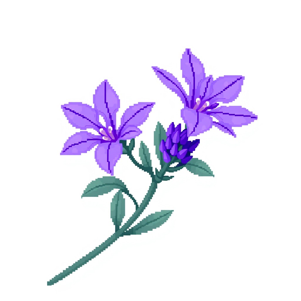 A beautiful lavender flower depicted in pixel art style, showcasing vibrant purple hues with intricate pixelated leaves, set against a simple white background