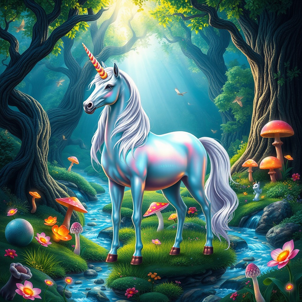 A mystical unicorn standing majestically in a vibrant fantasy forest, surrounded by lush greenery, glowing flowers, and sparkling streams