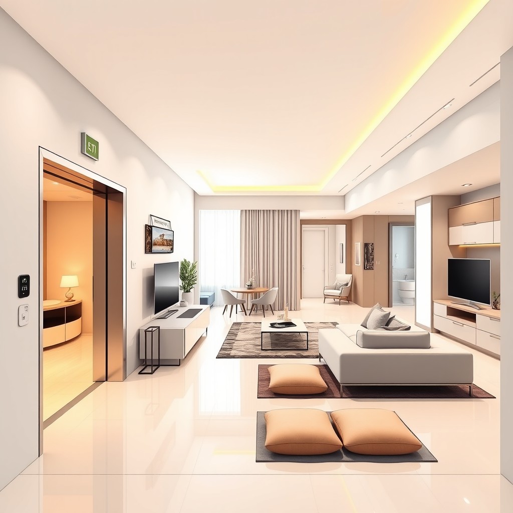 A detailed interior design illustration of a modern apartment located on the 10th floor with elevator access