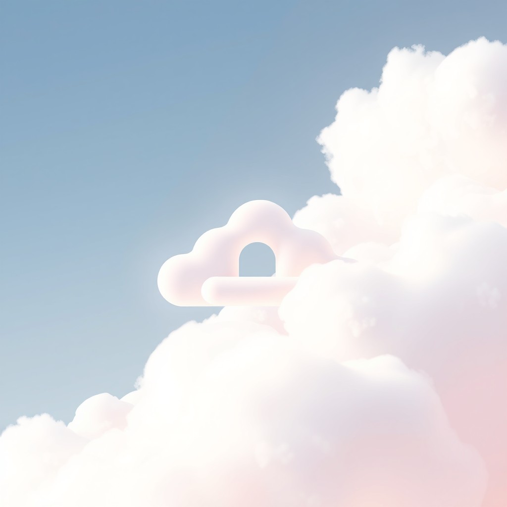 A wide banner featuring a soft, elegant, modern abstract symbol inspired by clouds, sky, and a cozy floating "cloud house" atmosphere that represents comfort, community, and warmth