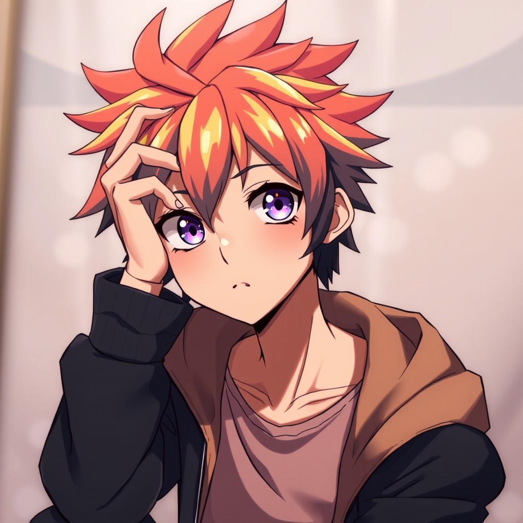 An anime character depicted in a deep, contemplative pose, with one hand thoughtfully resting on their head