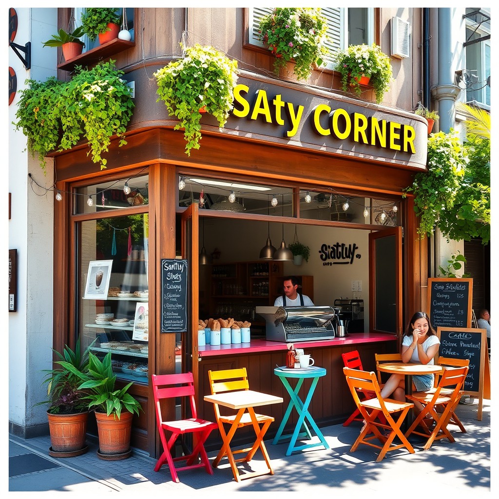 A vibrant, colorful corner café named Santuy Corner, adorned with lush potted plants and twinkling string lights