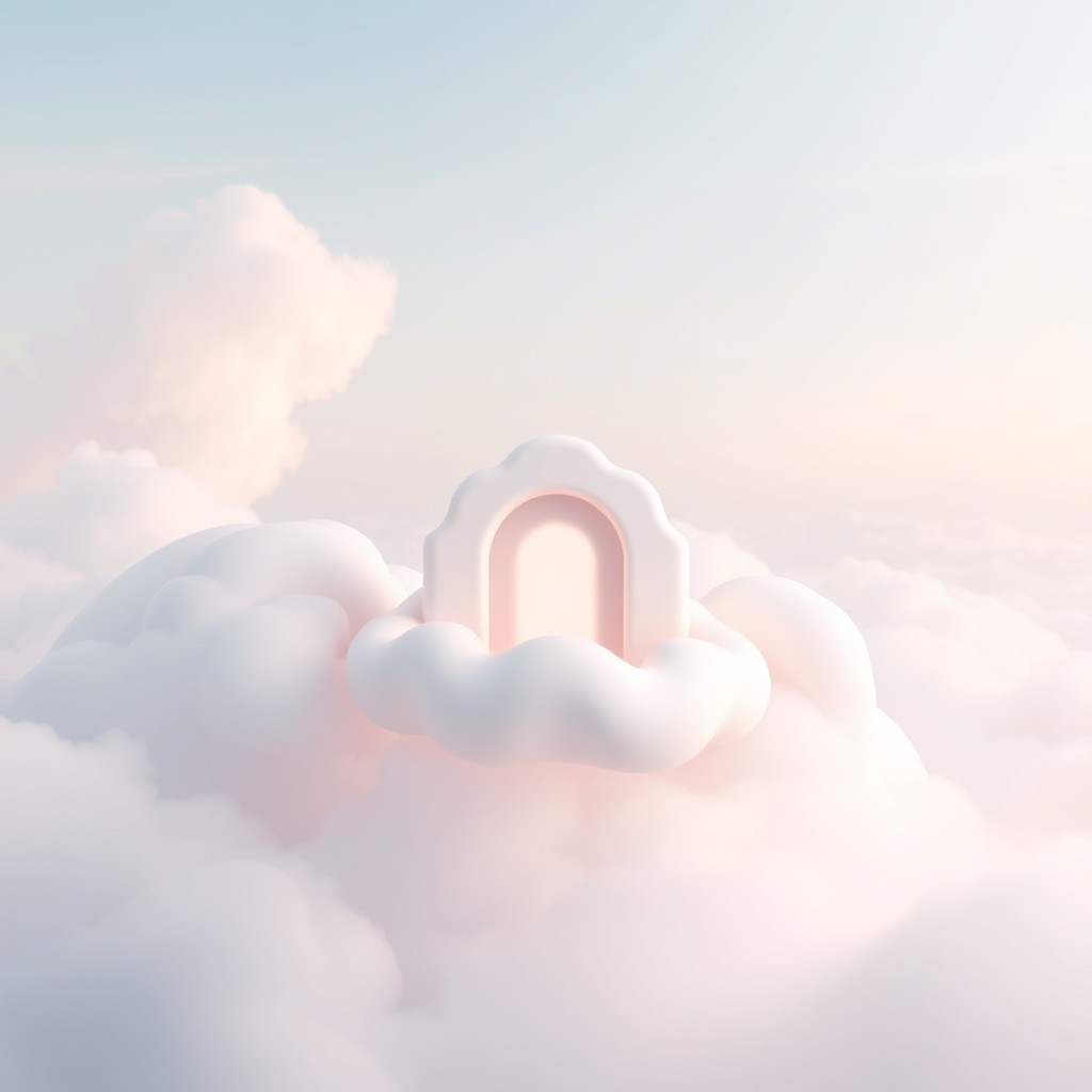 A wide banner featuring a soft, elegant, modern abstract symbol inspired by clouds, sky, and a cozy floating “cloud house” atmosphere, representing comfort, community, and warmth