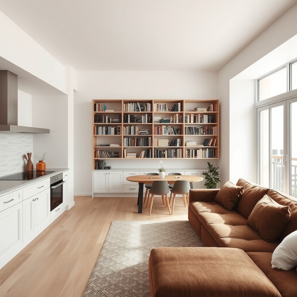 Interior design of an open space measuring 31 square meters, featuring a seamless blend of kitchen, living room, and dining area without any partitions