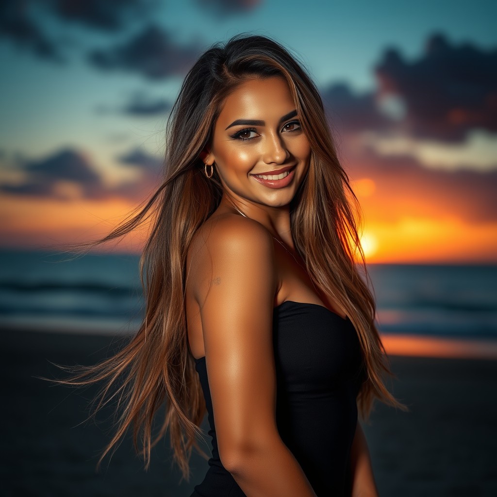 A captivating portrait of a hot woman, featuring long flowing hair, sultry eyes, and an alluring smile