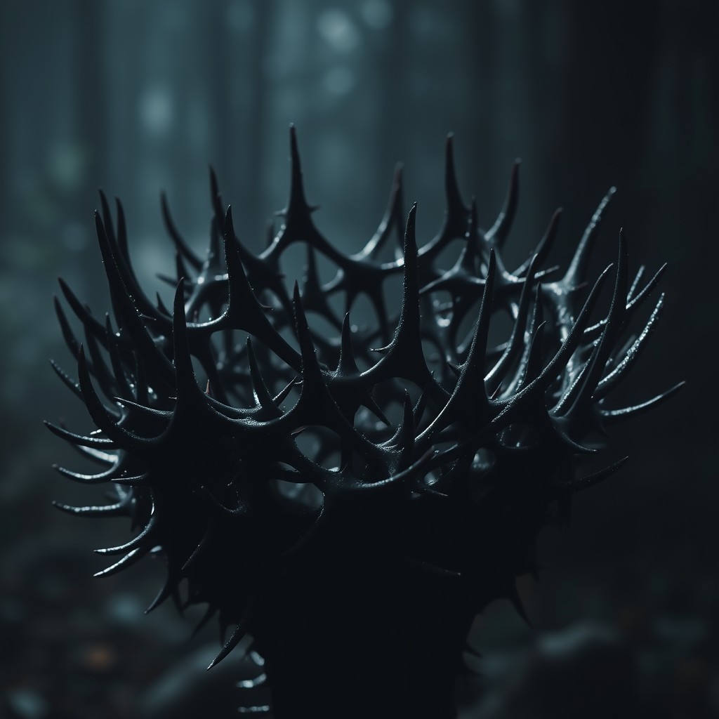 A large, intricate cluster of dark, sharp thorns resembling a spiky crown, with subtle glimmers of light reflecting off the edges