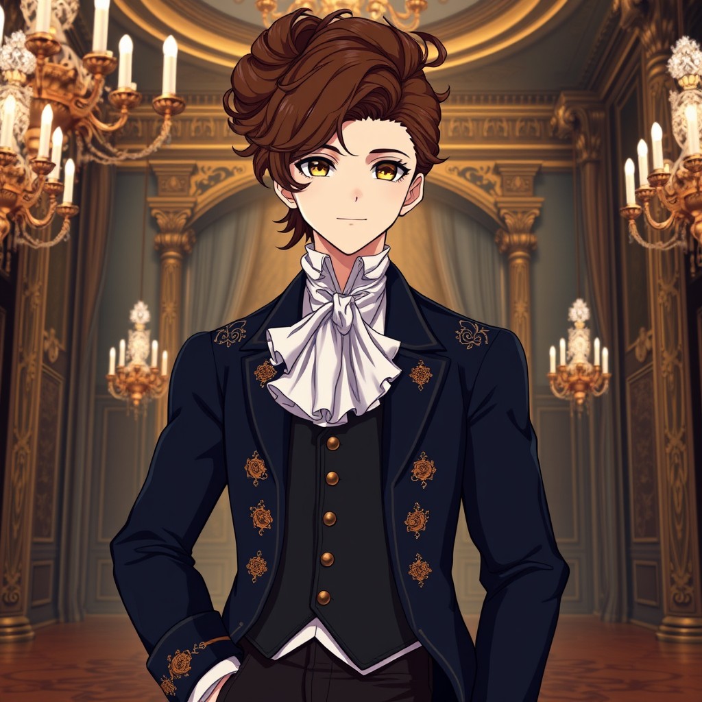 An elegantly designed anime character featuring rich brown hair styled in an intricate updo, showcasing delicate curls that fall gracefully around their face, perfectly capturing the aristocratic essence of the 18th century