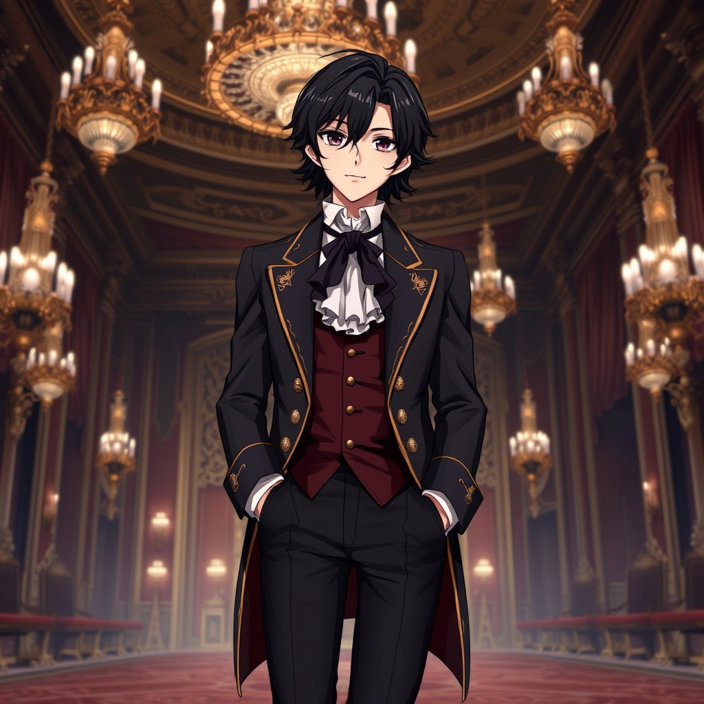 A stylish anime character showcasing deep, dark hair styled in an elegant manner, perhaps in soft waves that frame their face, embodying the essence of 18th-century aristocracy