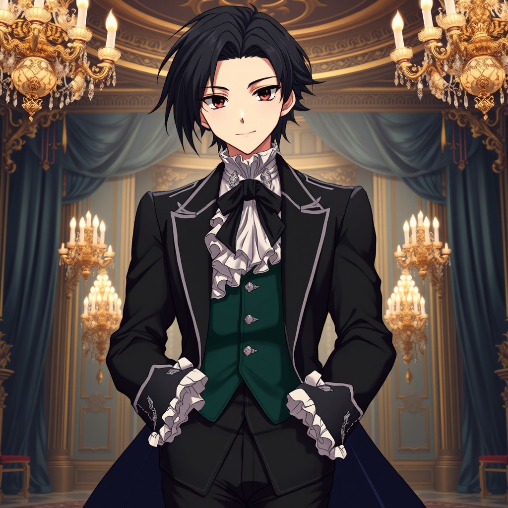 An imposing anime character featuring luxurious dark hair that is styled with an air of sophistication, cascading elegantly past their shoulders