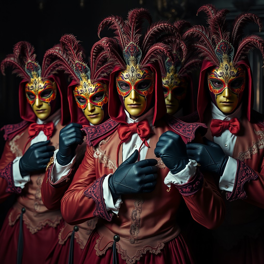 A group of male kidnappers dressed in elaborate Venetian carnival outfits, showcasing intricate masks that exhibit ornate designs and vibrant colors
