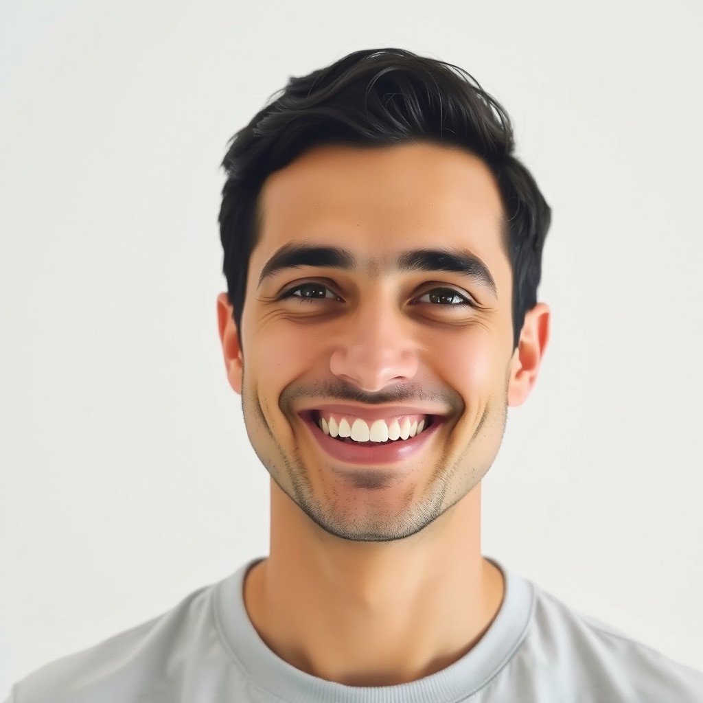 A minimalist portrait of Nasser Taqvai, capturing a joyful expression