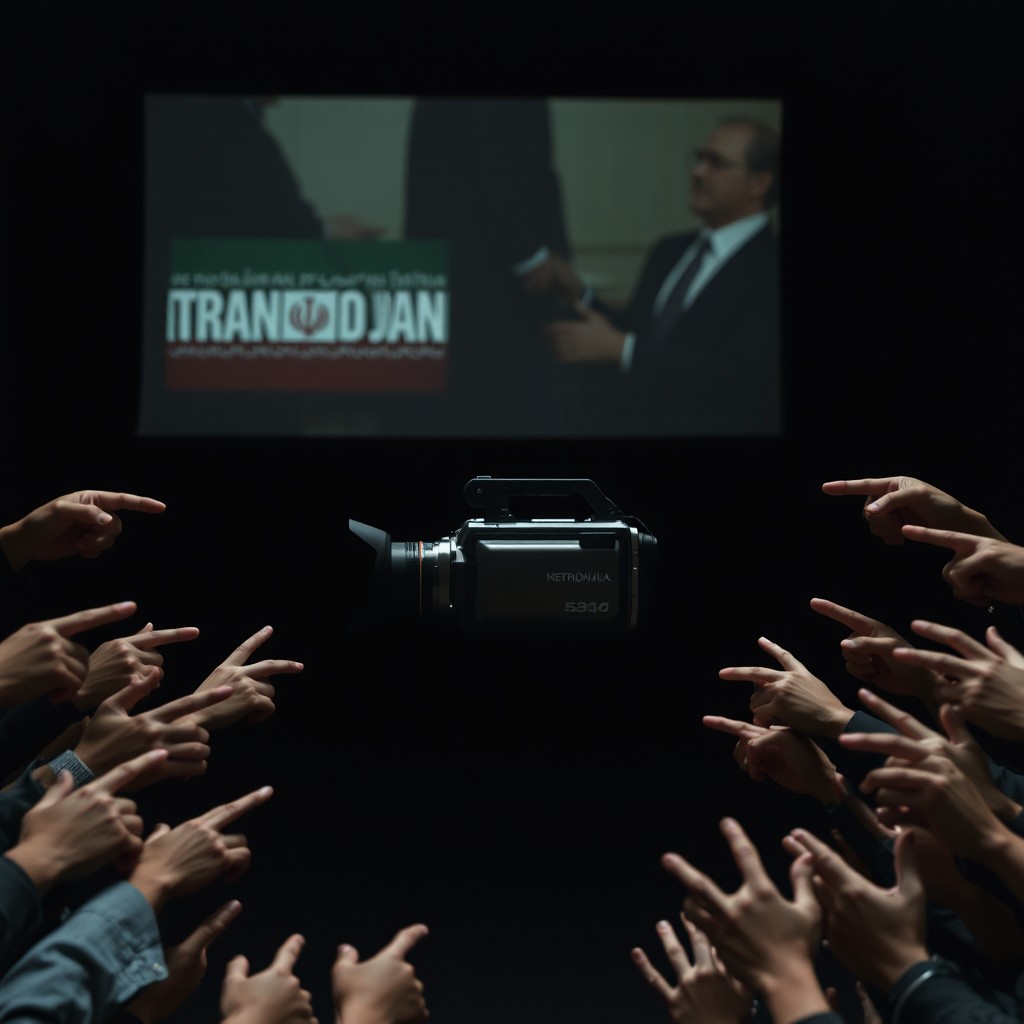 A minimalist composition featuring an old video camera placed centrally within a dark, staged environment