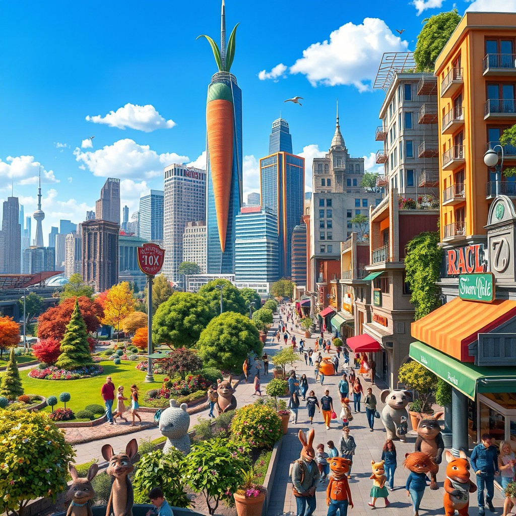 A vibrant and bustling city inspired by anthropomorphic animals, featuring a variety of animal species coexisting in harmony