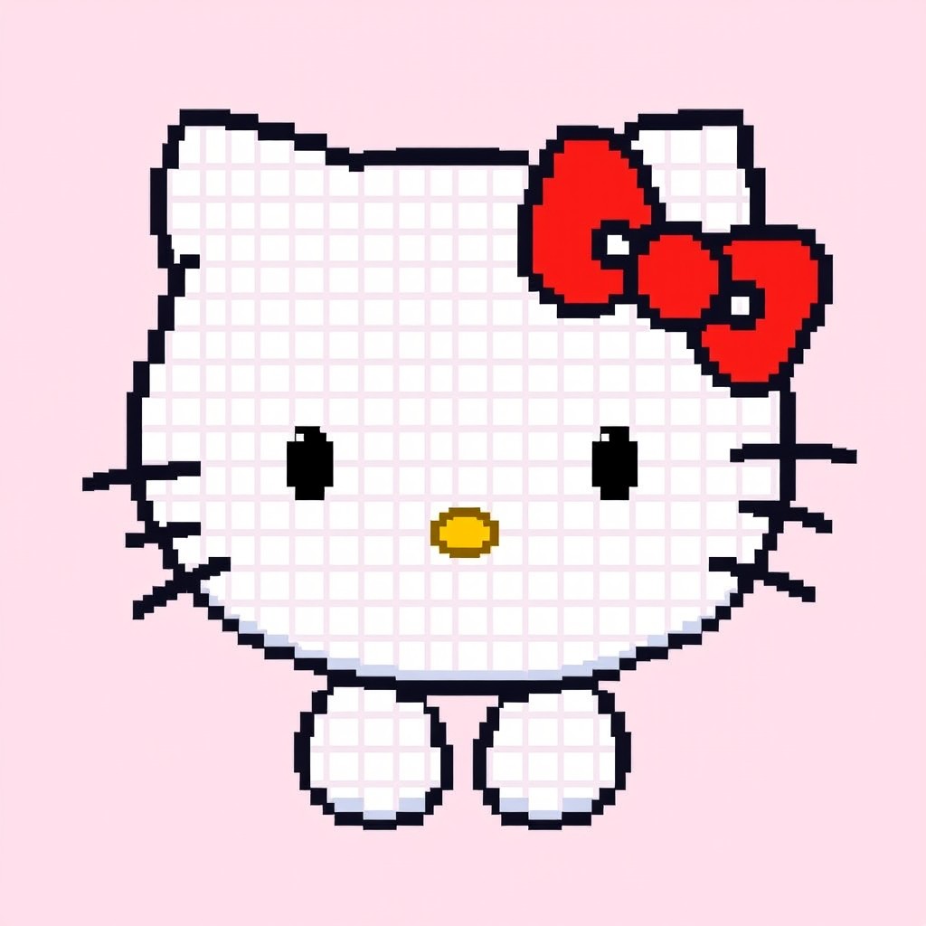 A pixel art depiction of Hello Kitty featuring her signature character design: a cute white cat with a red bow on her left ear, a minimalist face with black eyes and a yellow nose