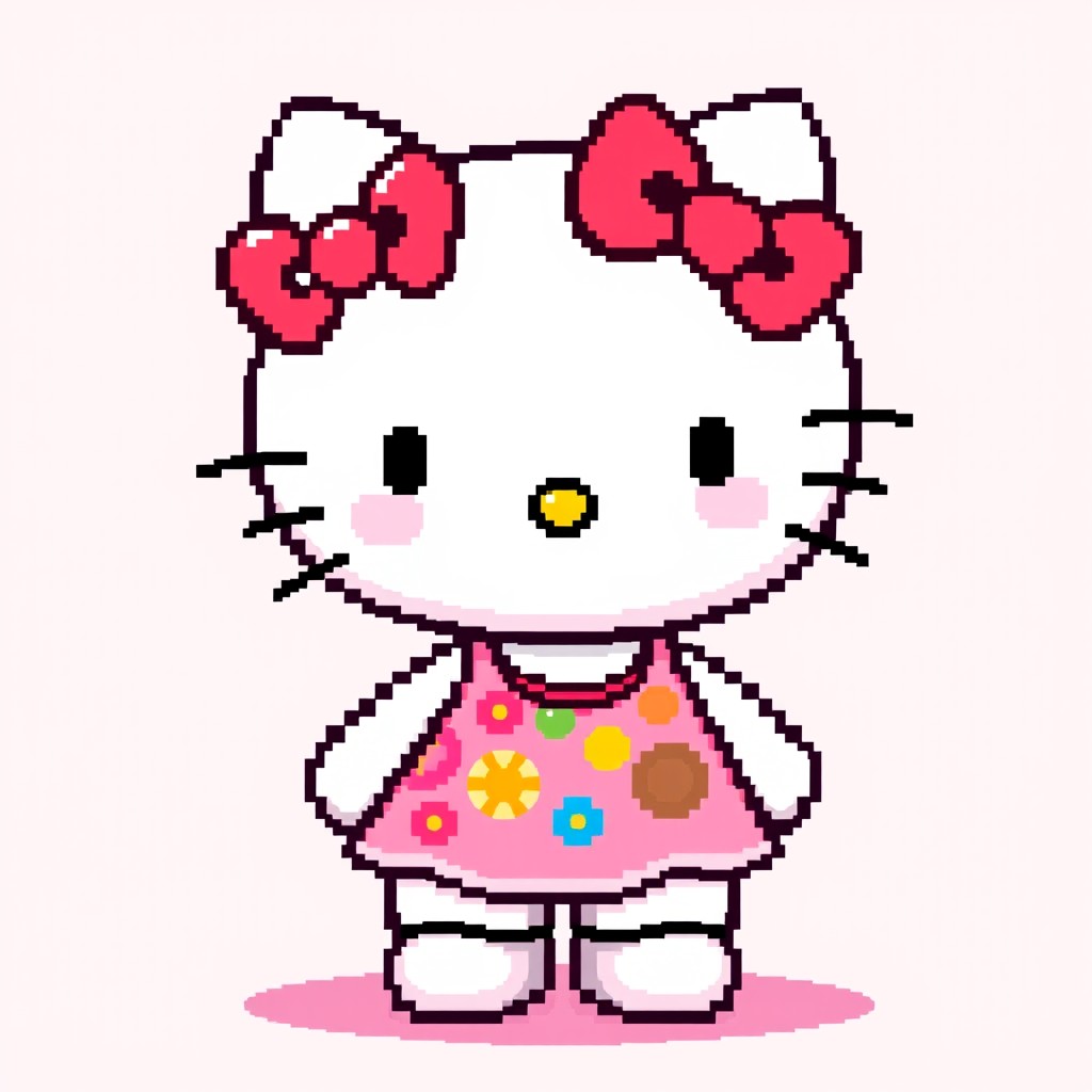 A pixel art depiction of Hello Kitty with her full body wearing a cute outfit