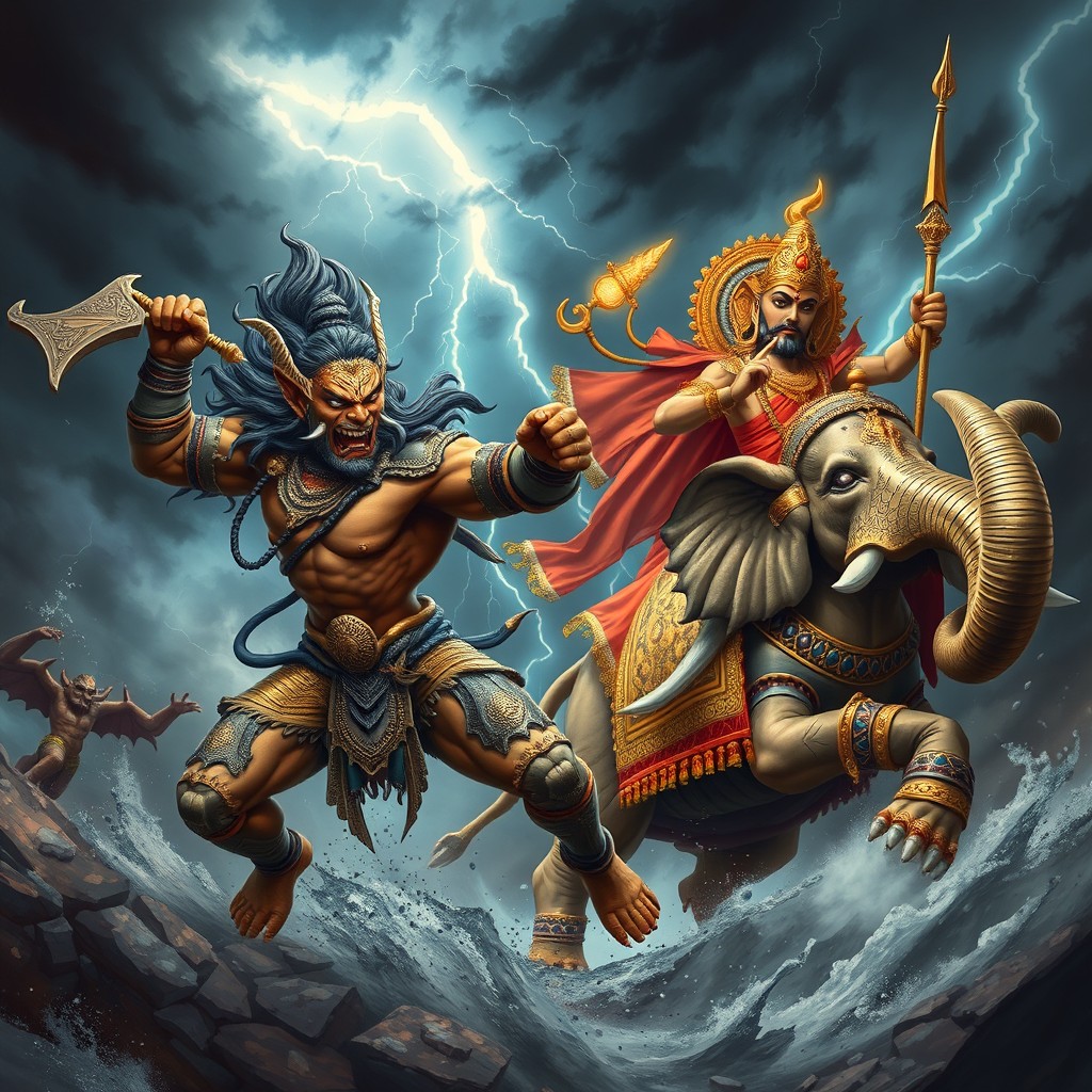 A dynamic and intense battle scene between Narakasura, a fierce demon with a muscular build, adorned with elaborate armor and fierce facial expressions, wielding weapons, and Lord Indra, the king of the gods, majestic and powerful, with striking armor, a golden crown, and riding his magnificent elephant Airavata